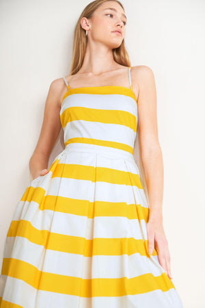 HONEY GLOW WOVEN MIDI DRESS.