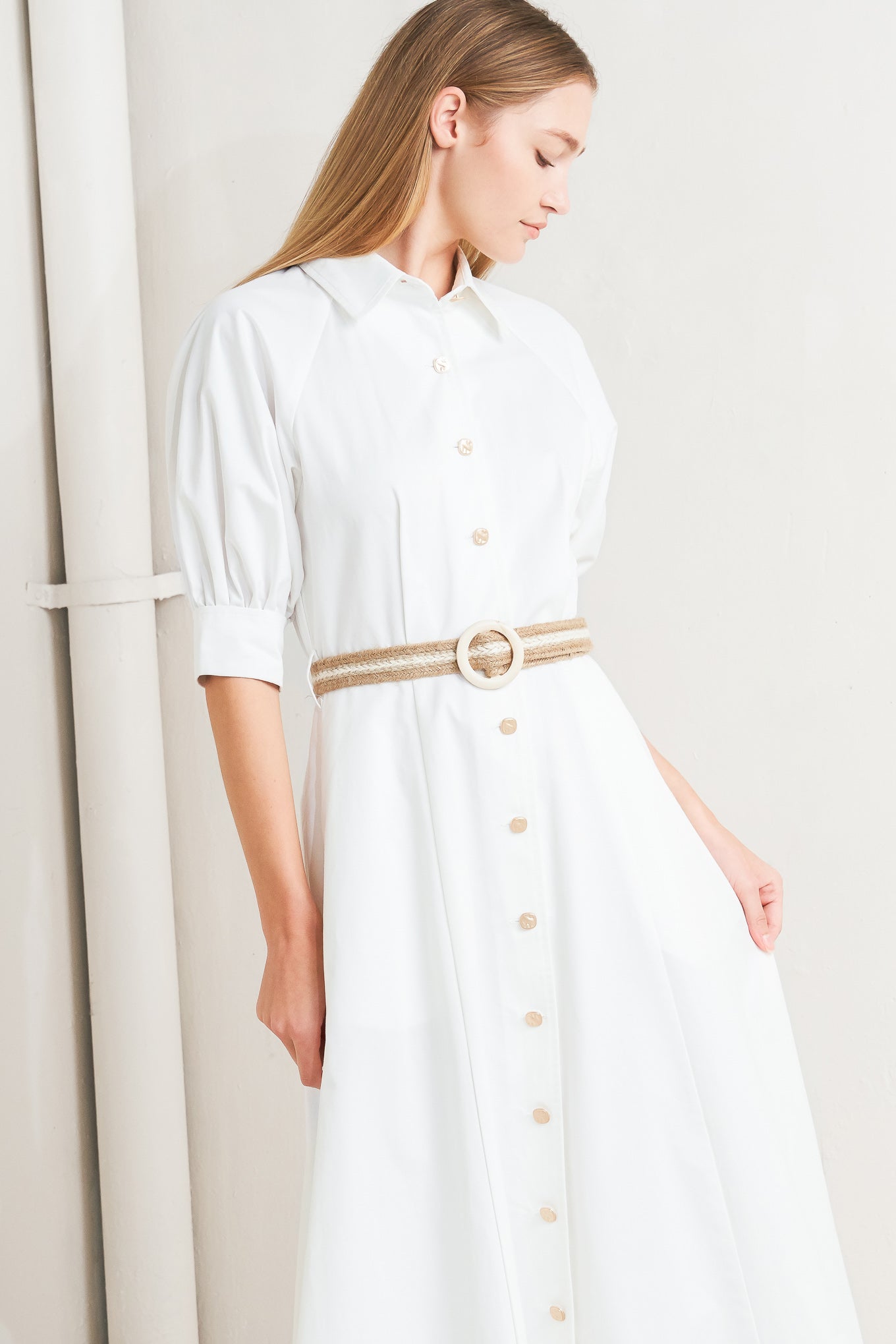 
A solid woven midi dress featuring collar, short sleeve with cuff, front button down, side pockets, contrasting belt and circle skirt

Details:

Self : 100% Cotton

Size &amp; Fit

- Model is 5`8" And Wearing Size Small
- Measurements Taken From Size Small
- Approx. Length: 49" Flying Tomato