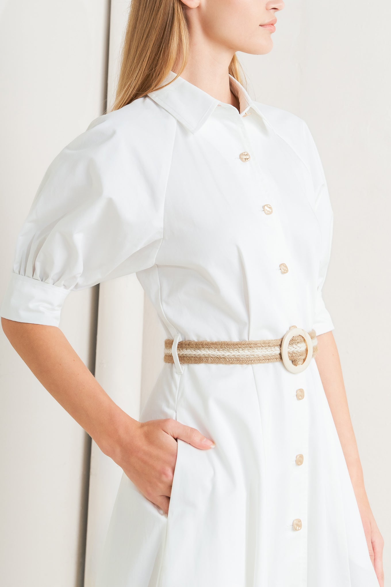 
A solid woven midi dress featuring collar, short sleeve with cuff, front button down, side pockets, contrasting belt and circle skirt

Details:

Self : 100% Cotton

Size &amp; Fit

- Model is 5`8" And Wearing Size Small
- Measurements Taken From Size Small
- Approx. Length: 49" Flying Tomato