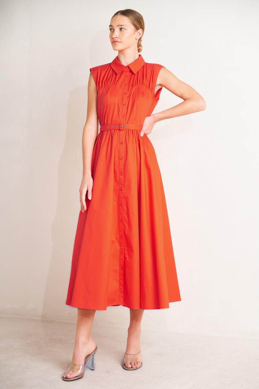 RUNWAY READY SCARLET WOVEN MIDI DRESS.