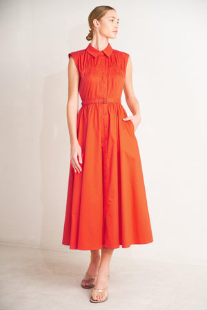 RUNWAY READY SCARLET WOVEN MIDI DRESS.