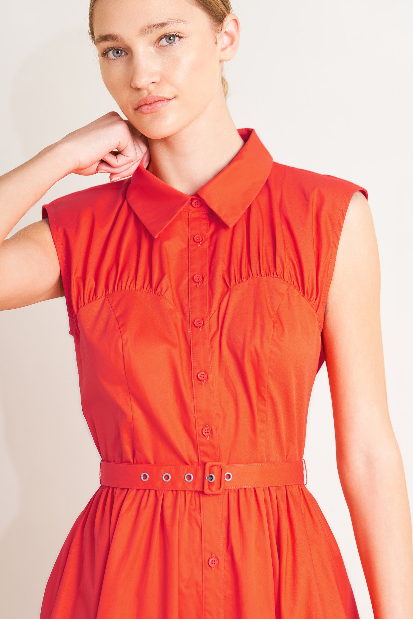 
A solid woven midi dress featuring collar, sleeveless, bustier silhouette, button down, self belt and full skirt

Details:

Self : 100% Cotton

Size &amp; Fit

- Model is 5`8" And Wearing Size Small
- Measurements Taken From Size Small
- Approx. Length: 50"