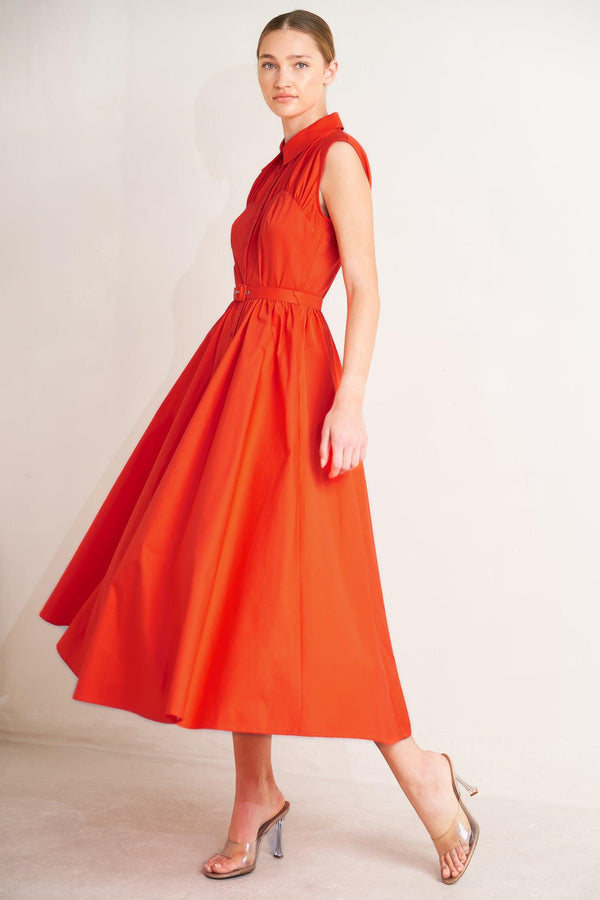 RUNWAY READY SCARLET WOVEN MIDI DRESS.