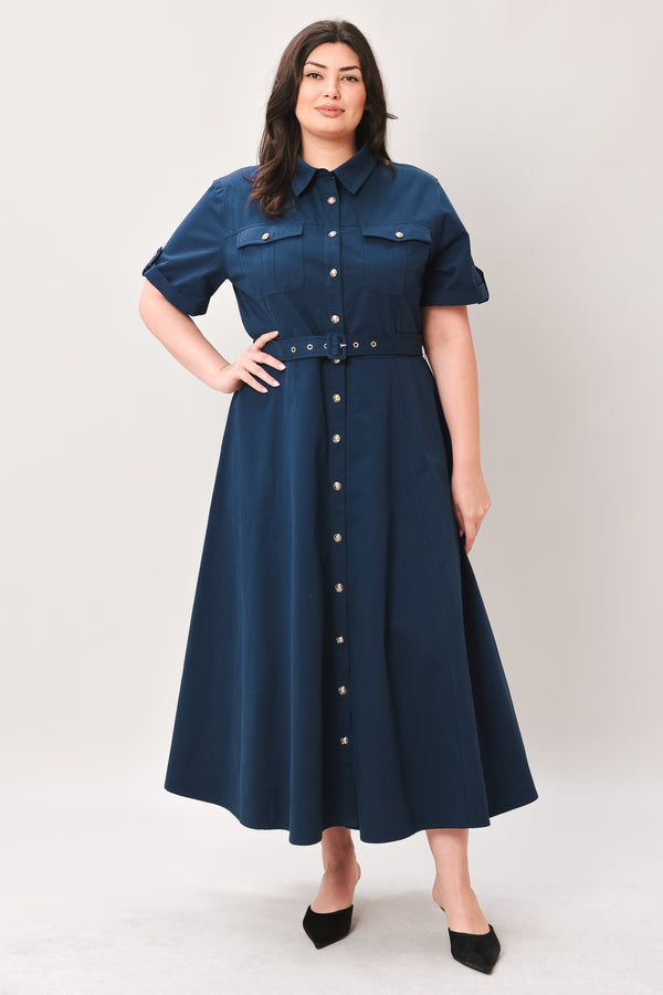 CLASSIC AUTHORITY WOVEN MIDI DRESS.