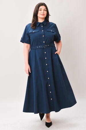 CLASSIC AUTHORITY WOVEN MIDI DRESS.
