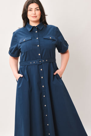 CLASSIC AUTHORITY WOVEN MIDI DRESS.