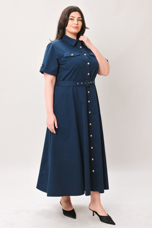 CLASSIC AUTHORITY WOVEN MIDI DRESS.