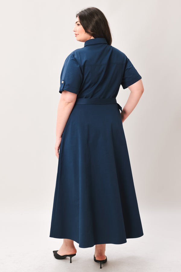 CLASSIC AUTHORITY WOVEN MIDI DRESS.