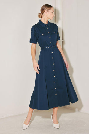 CLASSIC AUTHORITY WOVEN MIDI DRESS.