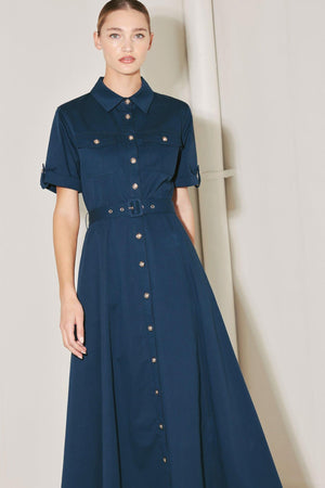 CLASSIC AUTHORITY WOVEN MIDI DRESS.