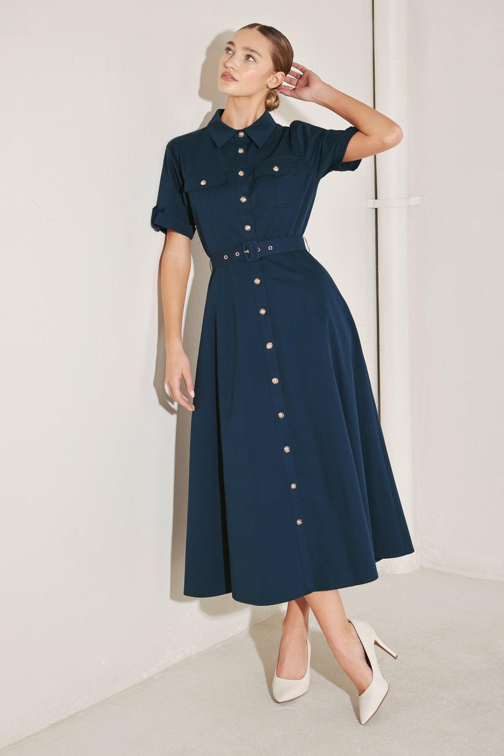CLASSIC AUTHORITY WOVEN MIDI DRESS.