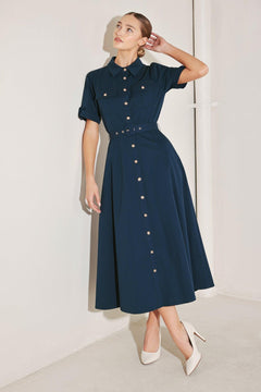 CLASSIC AUTHORITY WOVEN MIDI DRESS.