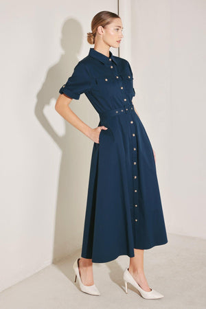 CLASSIC AUTHORITY WOVEN MIDI DRESS.