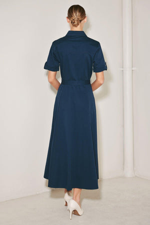 CLASSIC AUTHORITY WOVEN MIDI DRESS.