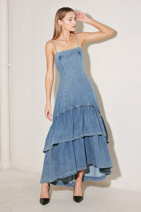 RUNWAY REBEL DENIM MIDI DRESS.