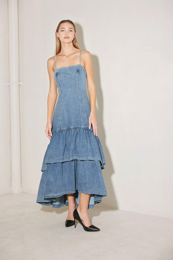RUNWAY REBEL DENIM MIDI DRESS.