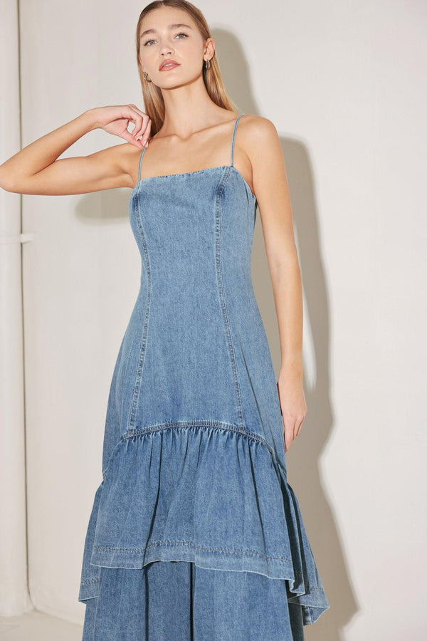 RUNWAY REBEL DENIM MIDI DRESS.