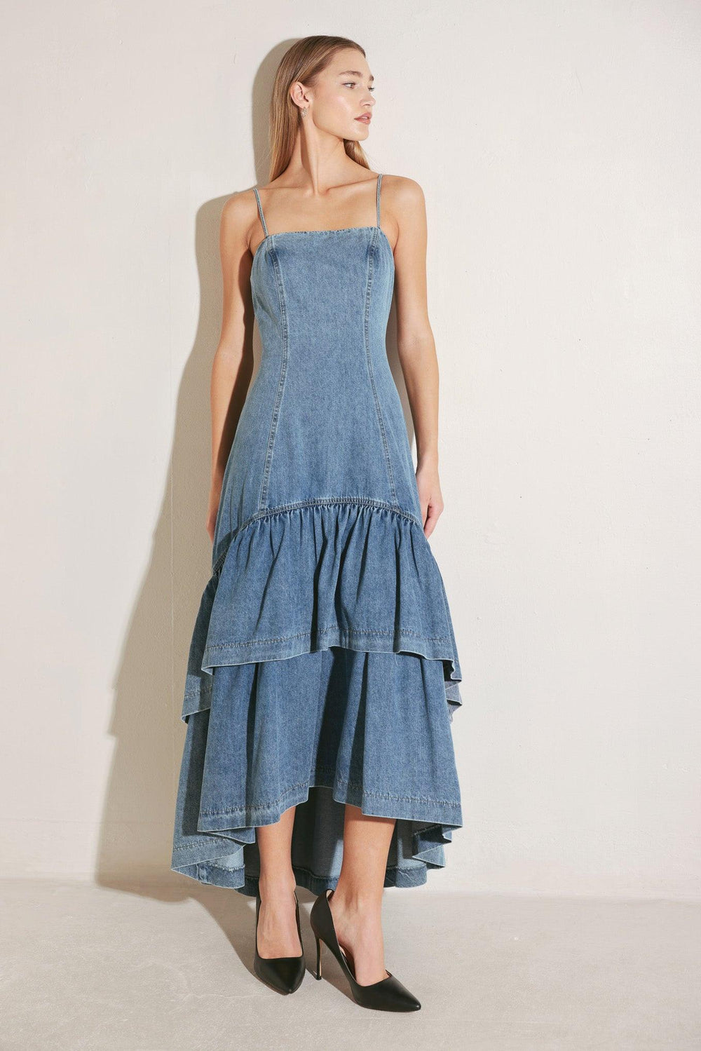 RUNWAY REBEL DENIM MIDI DRESS.