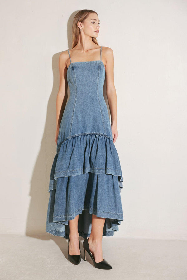 RUNWAY REBEL DENIM MIDI DRESS.