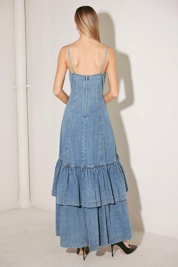 RUNWAY REBEL DENIM MIDI DRESS.