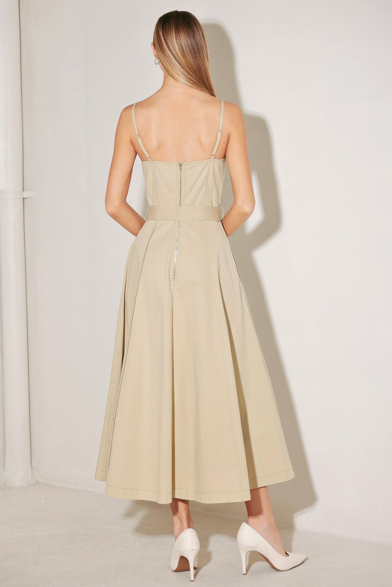 
A solid woven midi dress featuring straight neckline, straps, self belt, circle skirt and back zipper closure

Details:

Self : 100% Cotton

Size &amp; Fit

- Model is 5`8" And Wearing Size Small
- Measurements Taken From Size Small
- Approx. Length: 50"