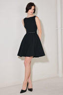 
A solid woven mini dress featuring wide neckline, sleeveless, self belt, circle skirt and back zipper closure

Details:

Self : 95% Polyester 5% Spandex

Size &amp; Fit

- Model is 5`8" And Wearing Size Small
- Measurements Taken From Size Small
- Approx. Length: 36"