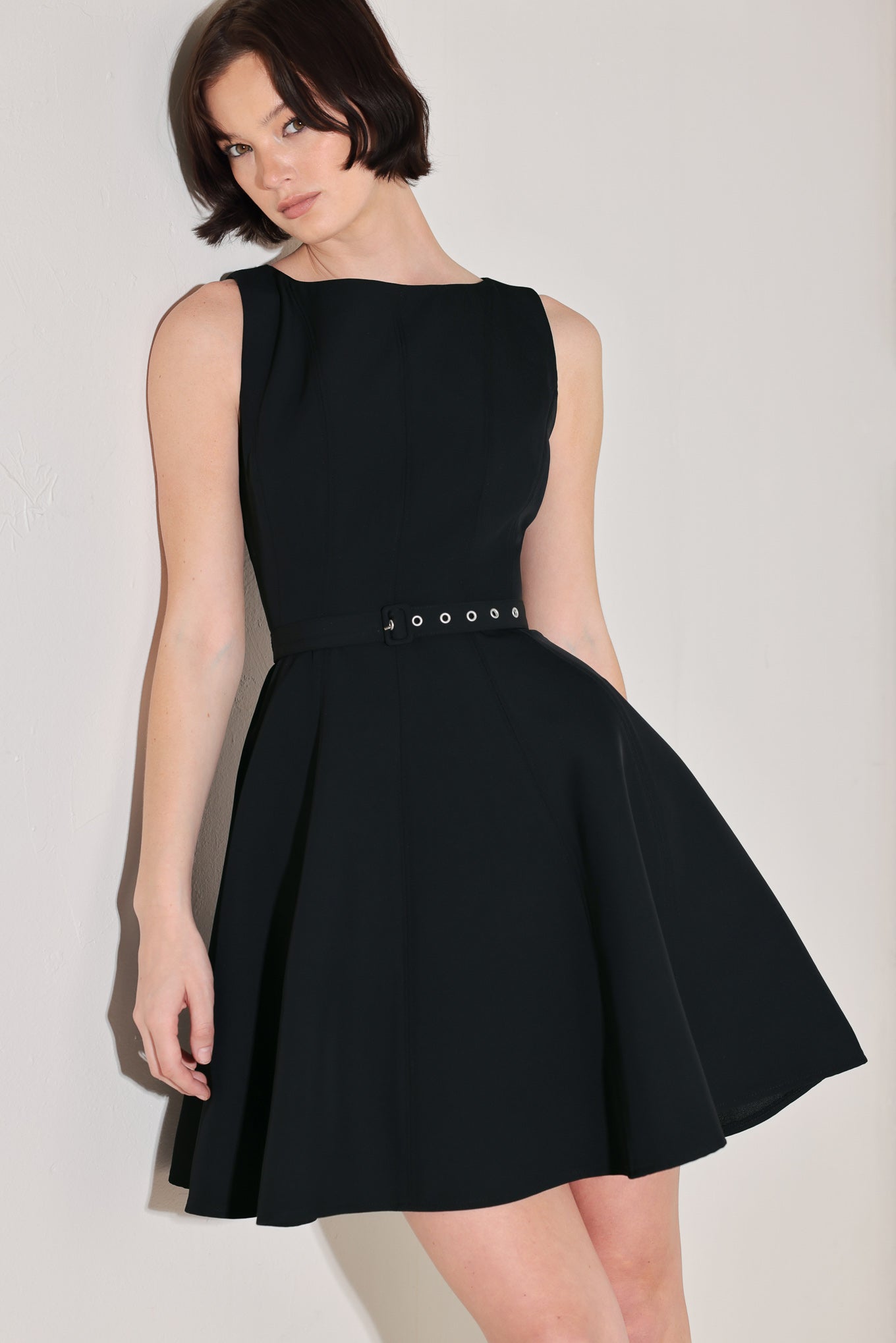 
A solid woven mini dress featuring wide neckline, sleeveless, self belt, circle skirt and back zipper closure

Details:

Self : 95% Polyester 5% Spandex

Size &amp; Fit

- Model is 5`8" And Wearing Size Small
- Measurements Taken From Size Small
- Approx. Length: 36"