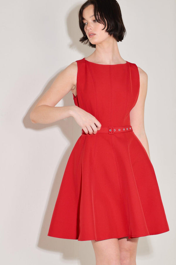 
A solid woven mini dress featuring wide neckline, sleeveless, self belt, circle skirt and back zipper closure

Details:

Self : 95% Polyester 5% Spandex

Size &amp; Fit

- Model is 5`8" And Wearing Size Small
- Measurements Taken From Size Small
- Approx. Length: 36"