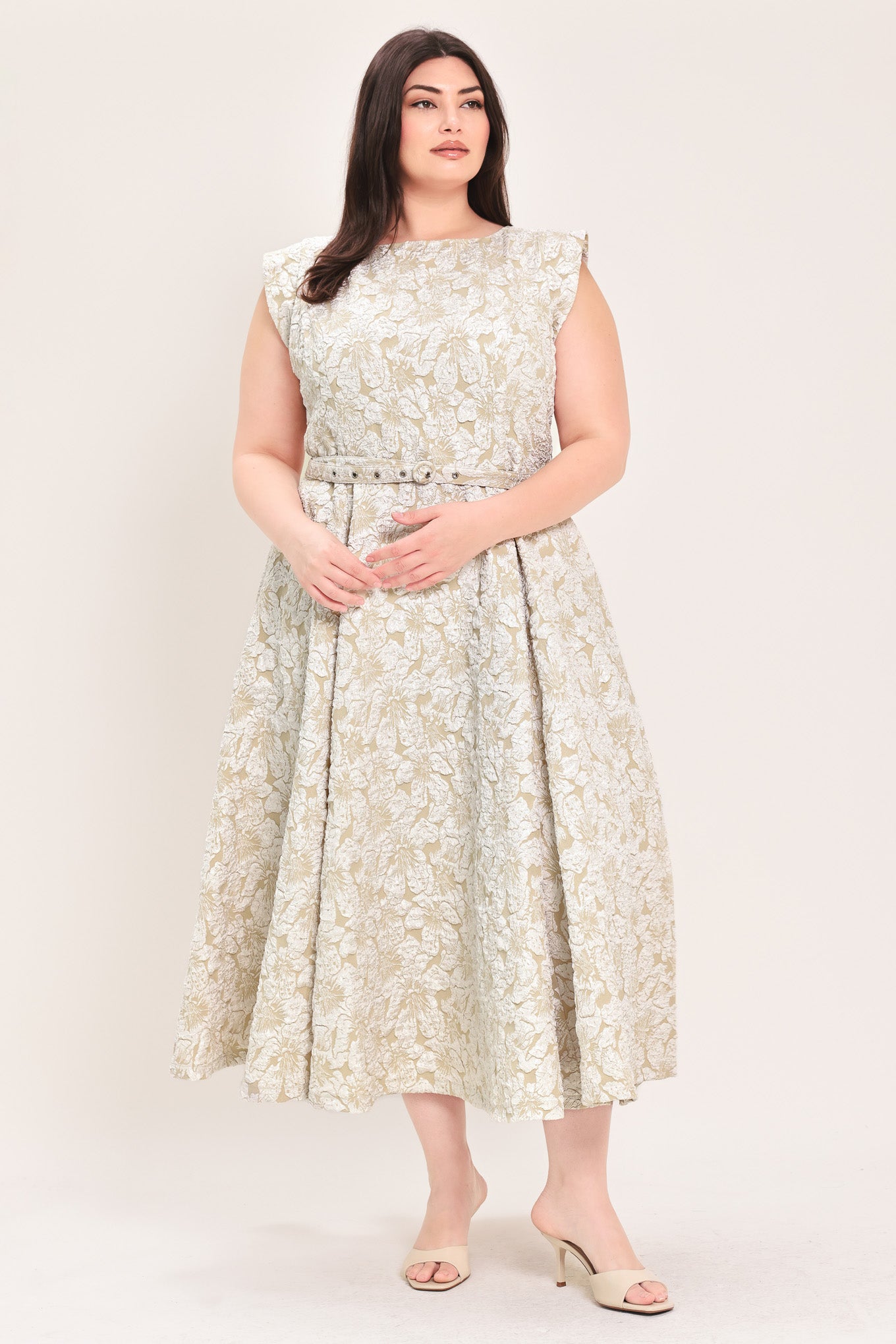 Woman wearing textured woven midi dress featuring wide neckline, sleeveless, self belt, full circle skirt and back zipper closure | FREEMARKET