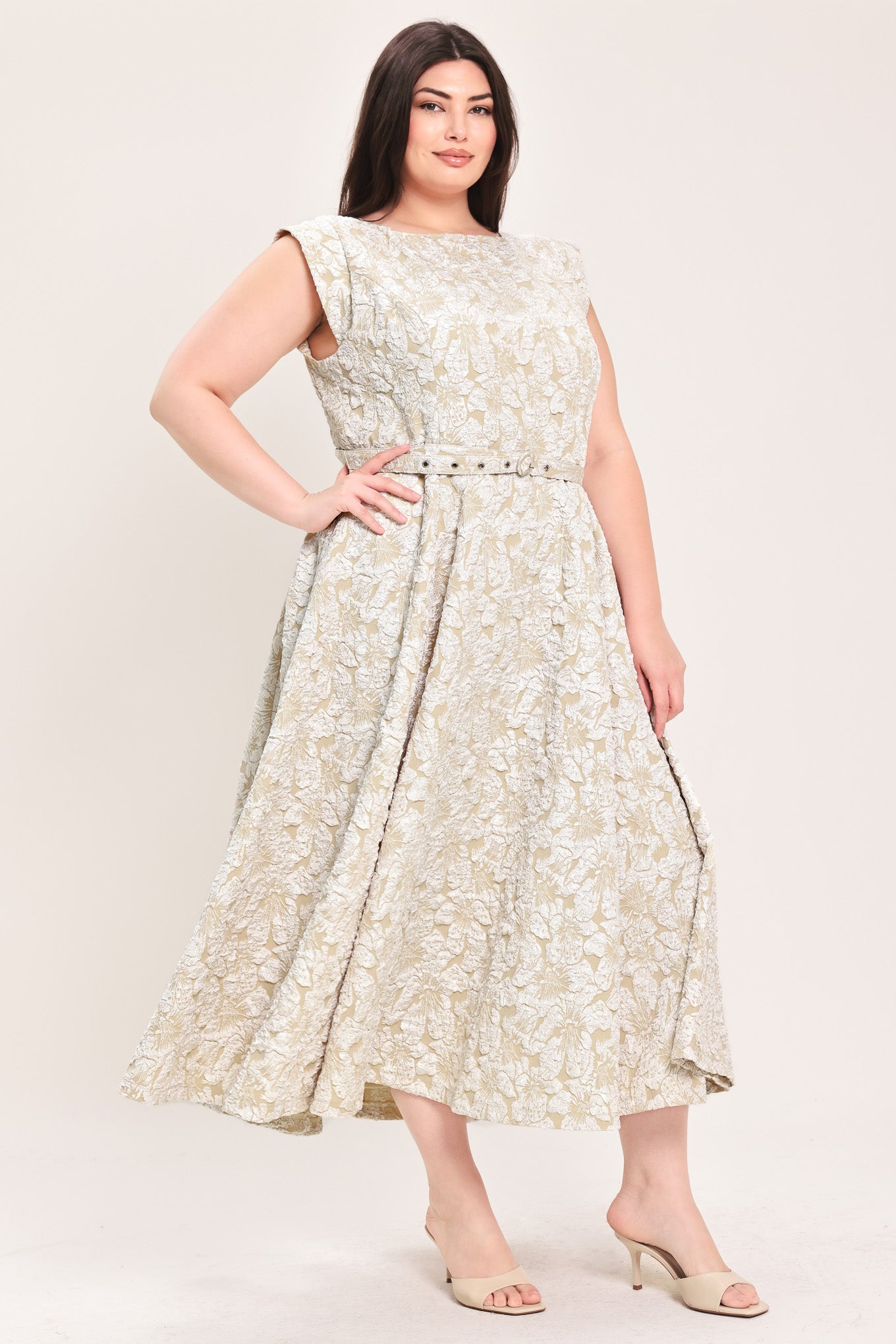 Woman wearing textured woven midi dress featuring wide neckline, sleeveless, self belt, full circle skirt and back zipper closure | FREEMARKET