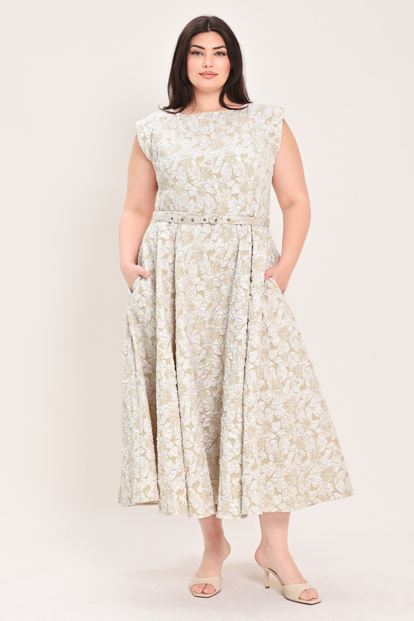 Woman wearing textured woven midi dress featuring wide neckline, sleeveless, self belt, full circle skirt and back zipper closure | FREEMARKET