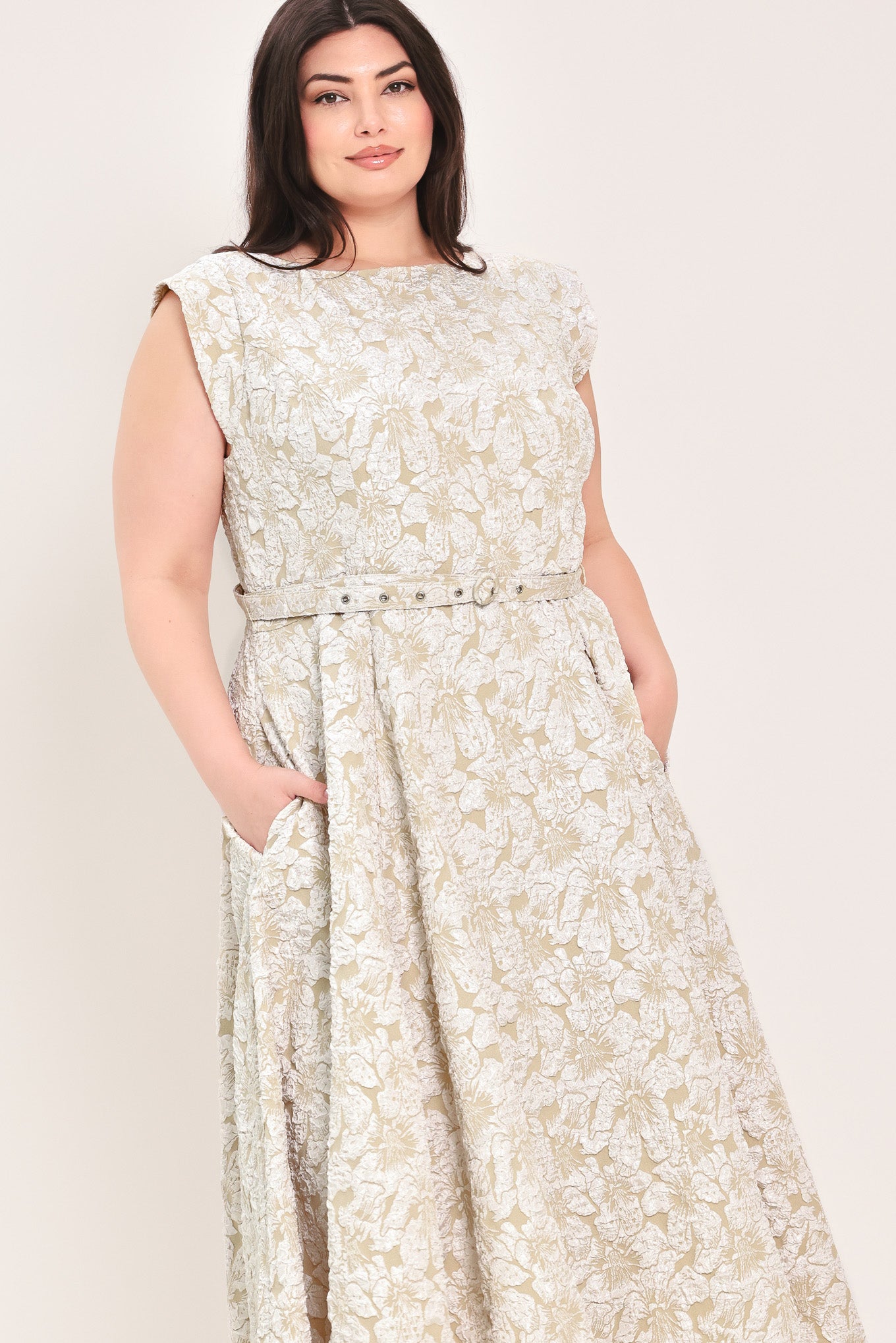 Woman wearing textured woven midi dress featuring wide neckline, sleeveless, self belt, full circle skirt and back zipper closure | FREEMARKET