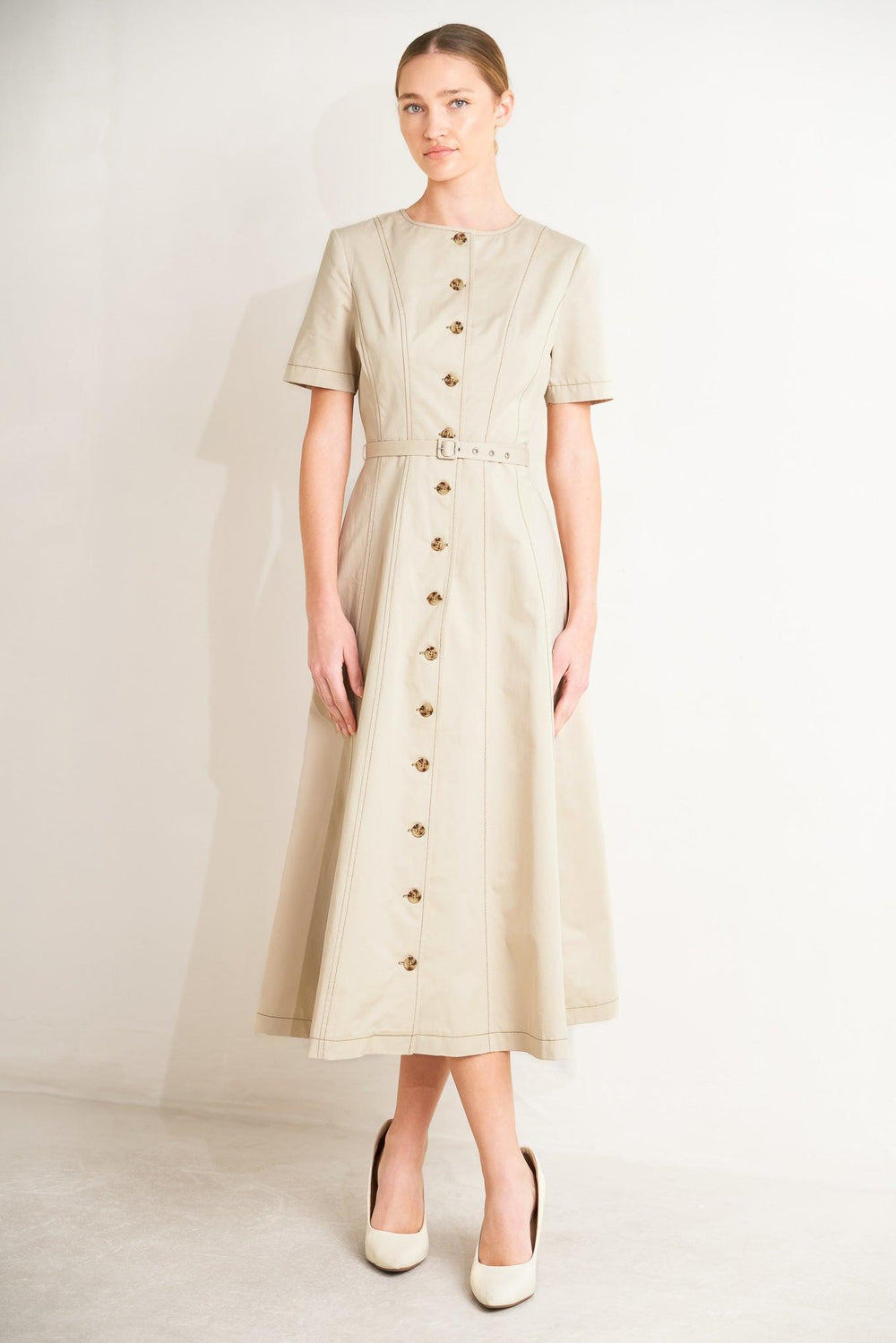 COMMAND THE ROOM WOVEN MIDI DRESS.