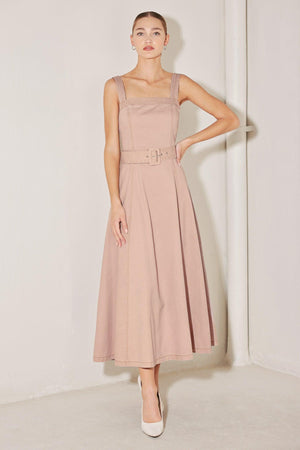 ELEVATED NEUTRAL BLUSH WOVEN MIDI DRESS.