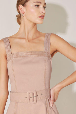 ELEVATED NEUTRAL BLUSH WOVEN MIDI DRESS.