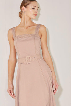 ELEVATED NEUTRAL BLUSH WOVEN MIDI DRESS.