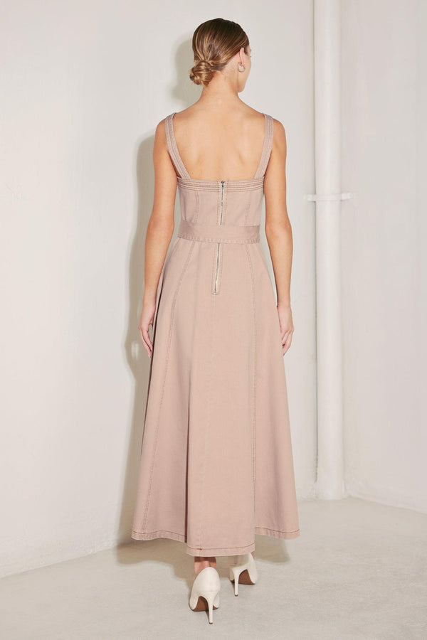 ELEVATED NEUTRAL BLUSH WOVEN MIDI DRESS.