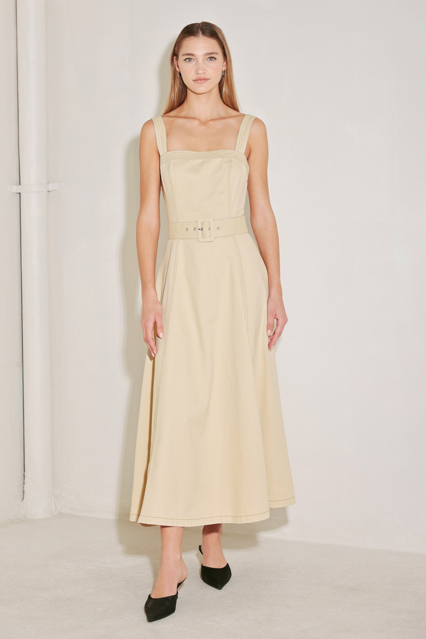 ELEVATED NEUTRAL WOVEN MIDI DRESS