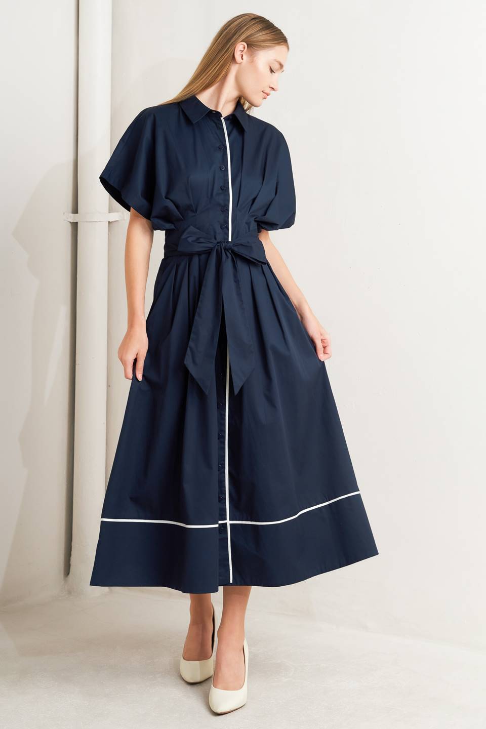 CATCH YOU LATER NAVY WOVEN MIDI DRESS