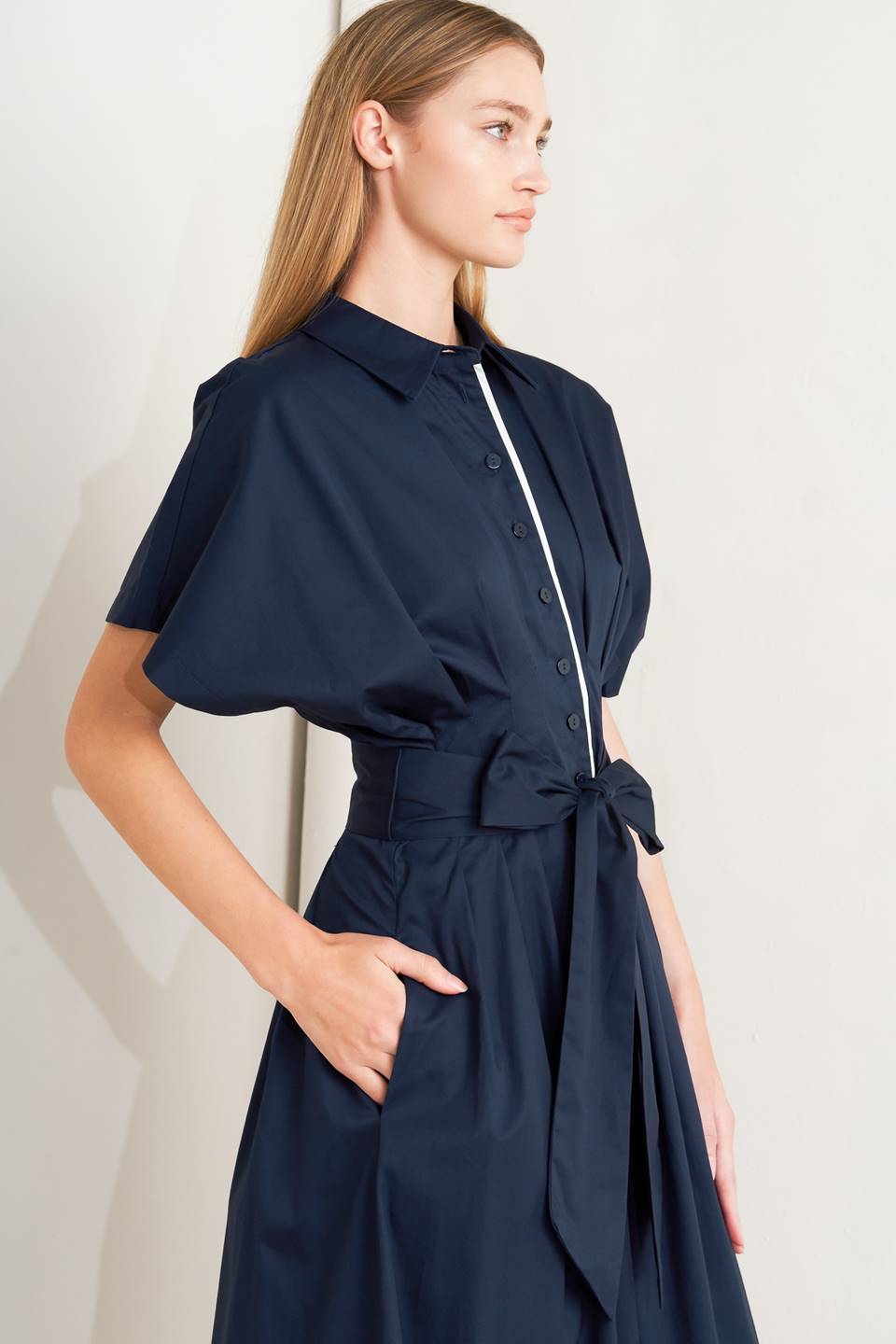 CATCH YOU LATER NAVY WOVEN MIDI DRESS