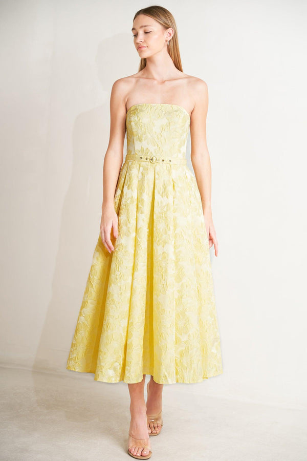 BUTTERCUP BLOOM WOVEN MIDI DRESS.