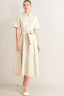 SANDSTONE GRACE WOVEN MIDI SHIRT DRESS.