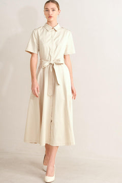 SANDSTONE GRACE WOVEN MIDI SHIRT DRESS.