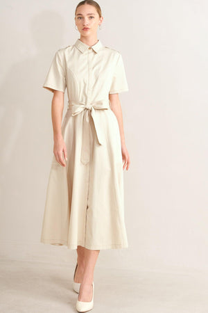 SANDSTONE GRACE WOVEN MIDI SHIRT DRESS.