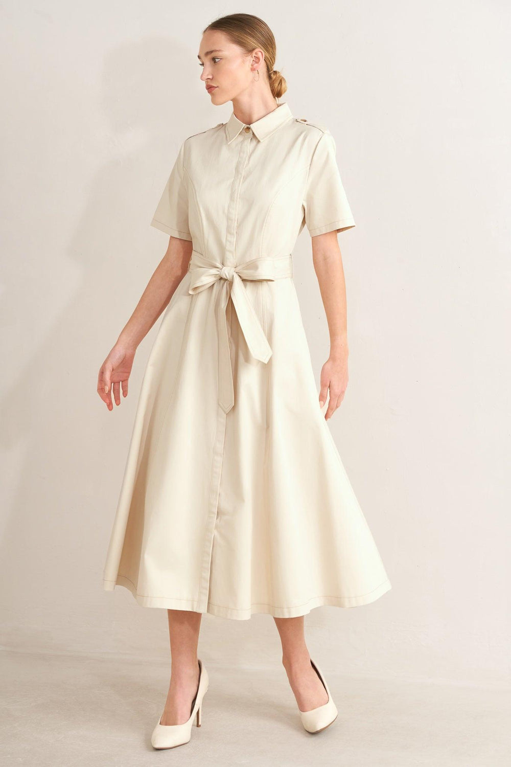 SANDSTONE GRACE WOVEN MIDI SHIRT DRESS.