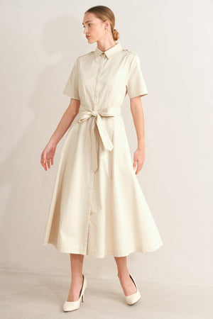SANDSTONE GRACE WOVEN MIDI SHIRT DRESS.