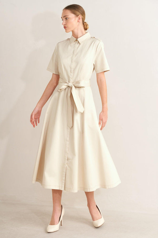 SANDSTONE GRACE WOVEN MIDI SHIRT DRESS.