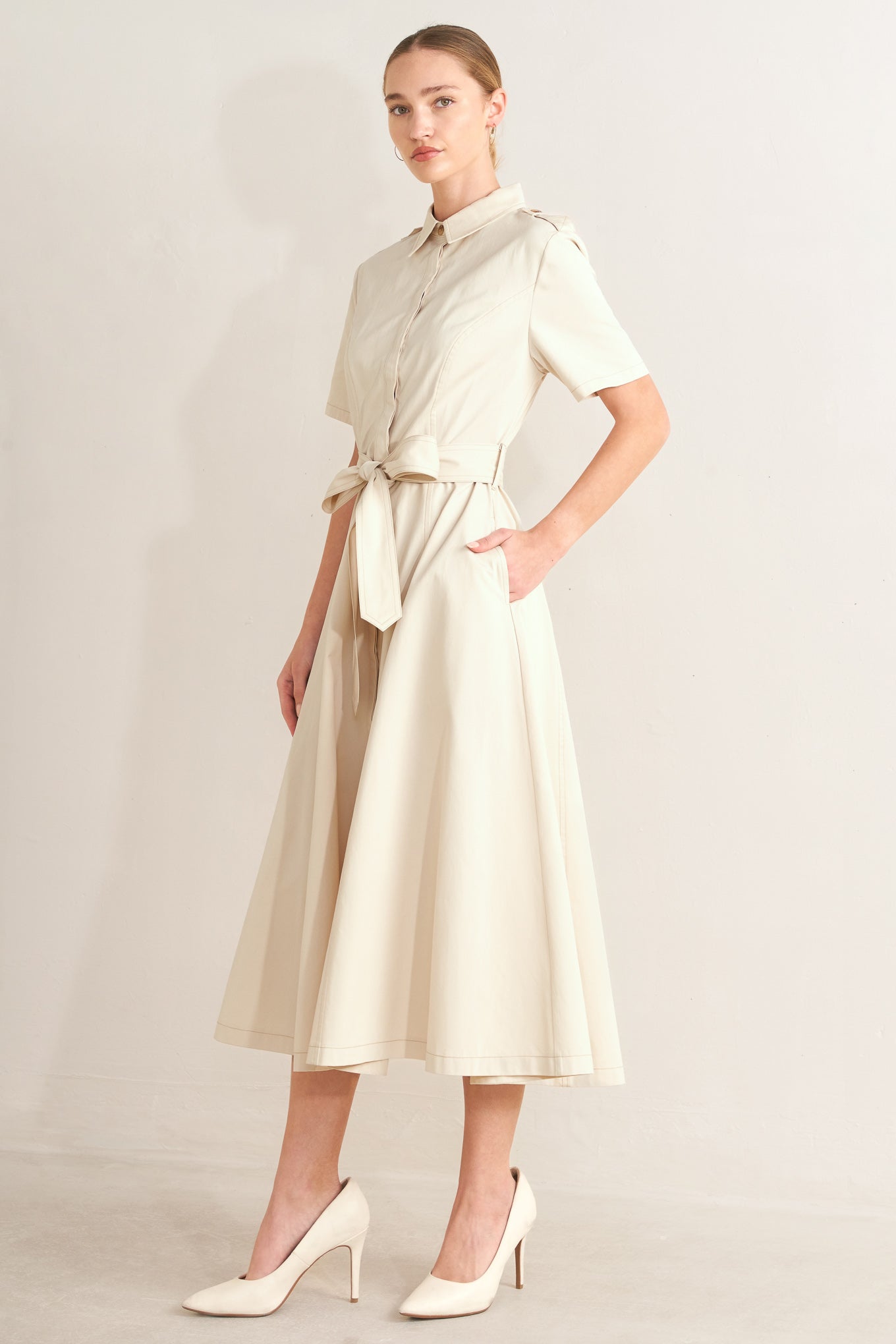 SANDSTONE GRACE WOVEN MIDI SHIRT DRESS