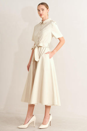 SANDSTONE GRACE WOVEN MIDI SHIRT DRESS.