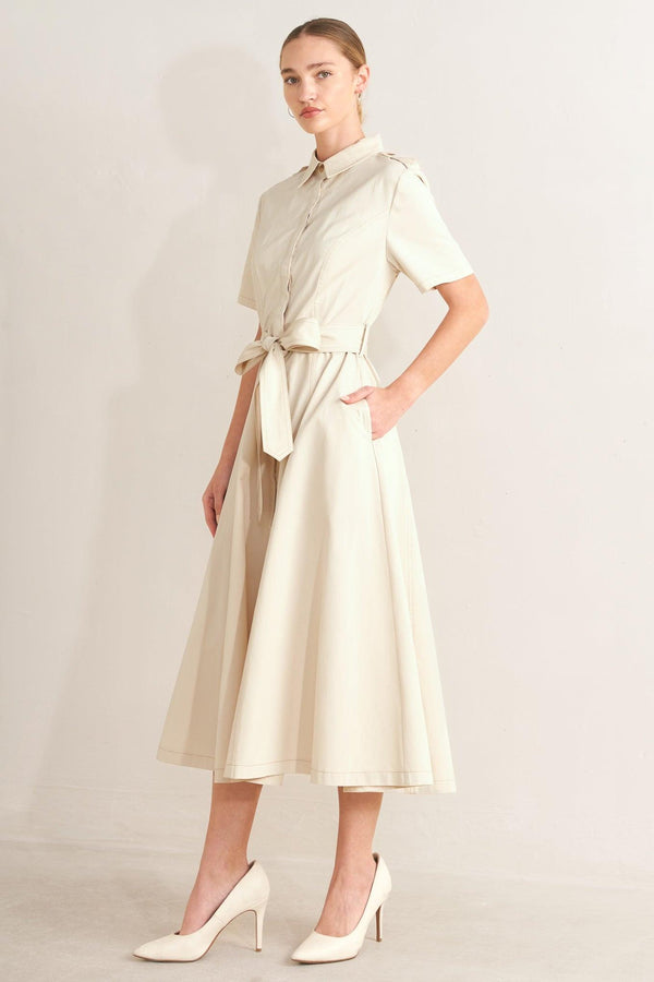 SANDSTONE GRACE WOVEN MIDI SHIRT DRESS.